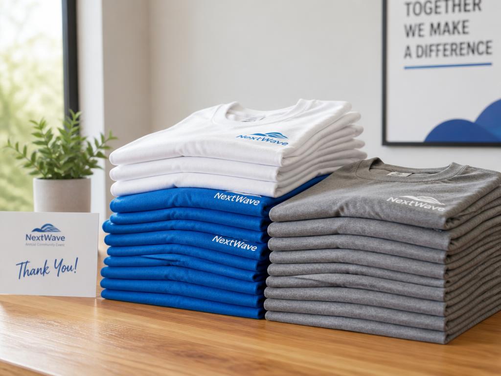 Neat stacks of folded shirts ready to be handed out