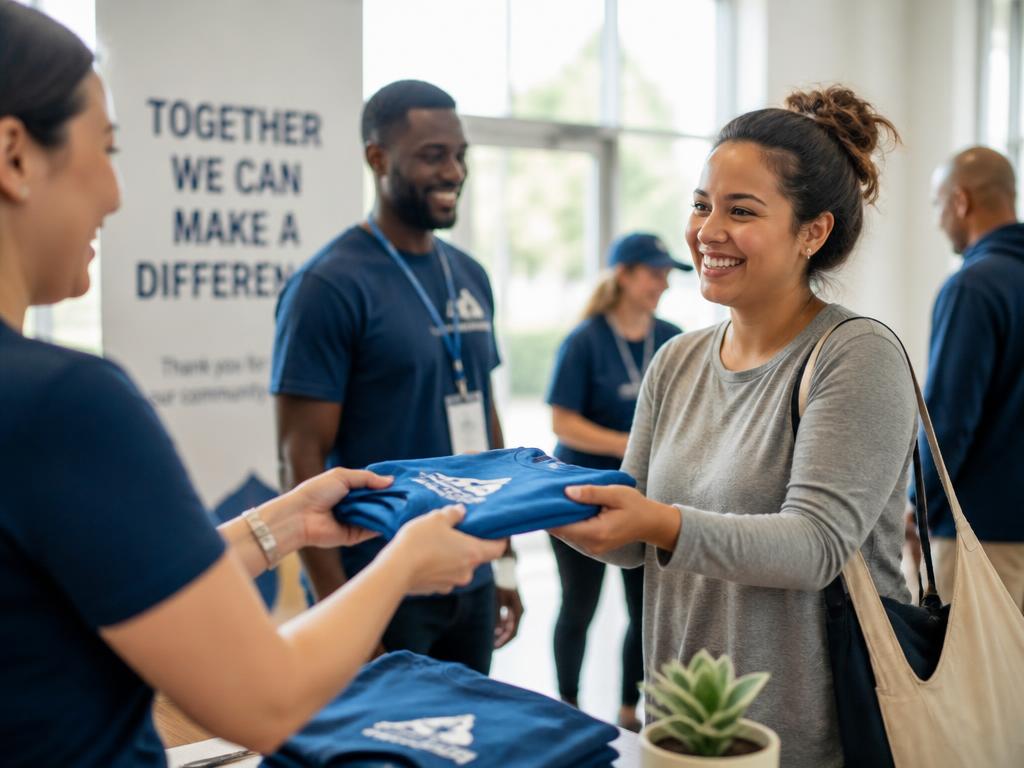 A supporter receiving a folded shirt at a community event table