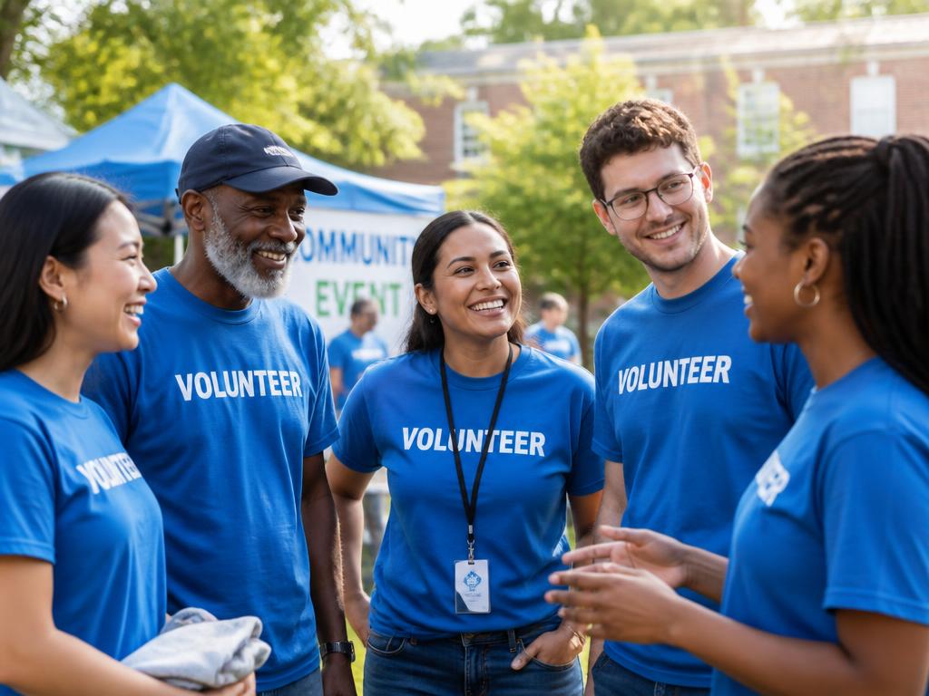A group of volunteers wearing matching shirts at an event